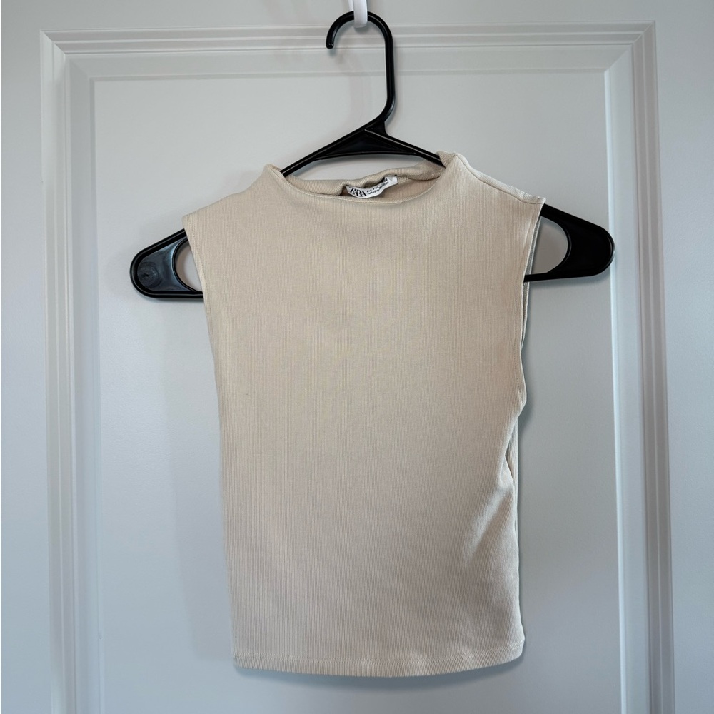 Zara Cream Sleeveless Ribbed Tank Top